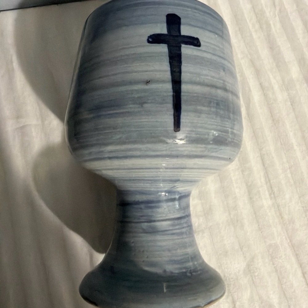 Hand Thrown Blue Vtg Chalice Cross Louisville Pottery Stoneware Chalice Marked - Picture 7 of 11